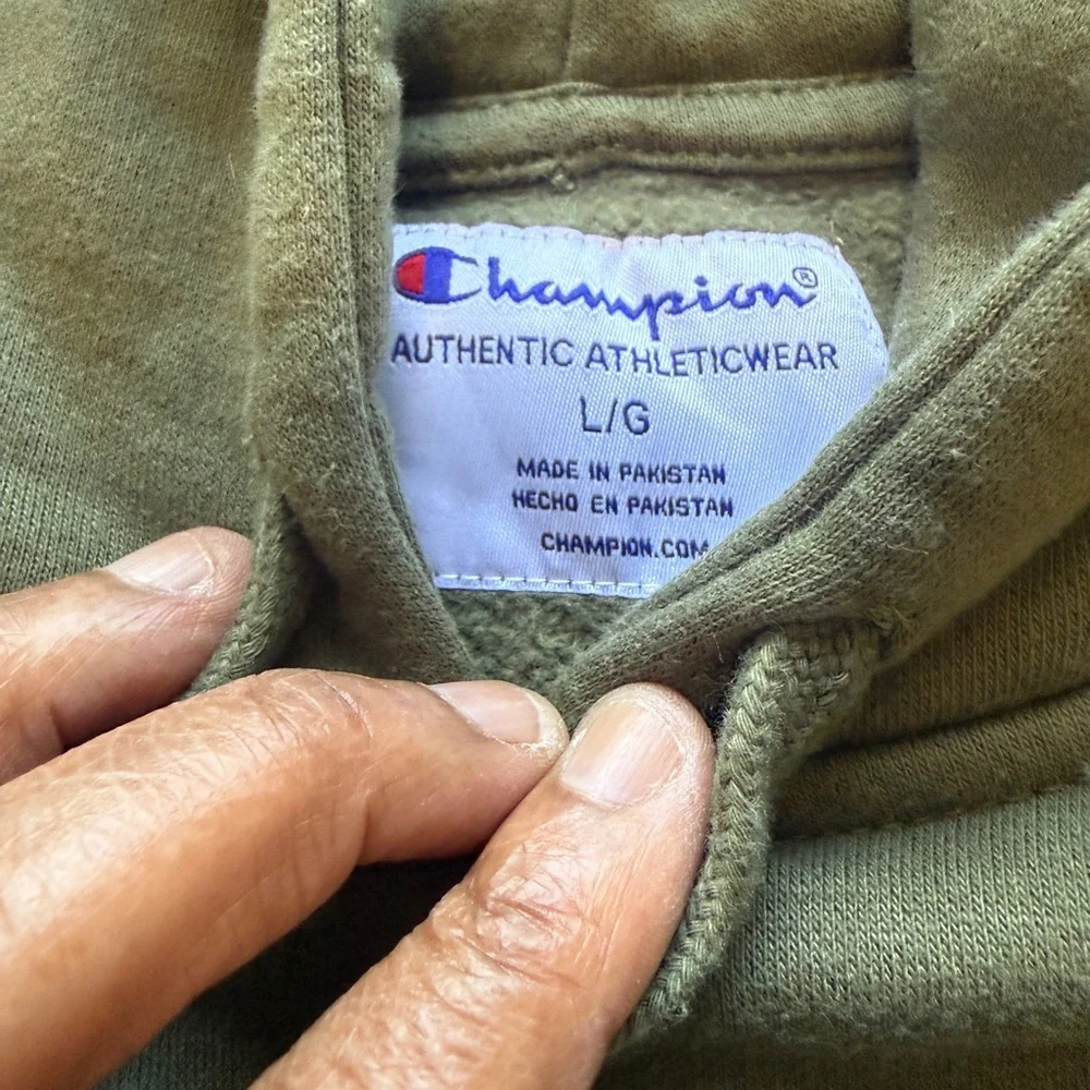 Champion Script Sleeve Hoodie Olive Green Pullover Sweatshirt Size L Streetwear - Picture 5 of 7